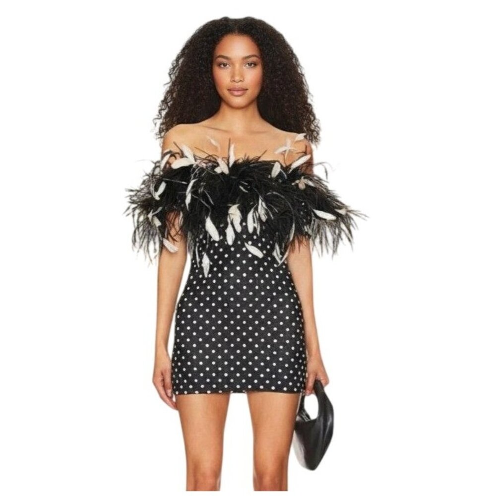 Leslie Amon Carioca Feather Trim Dot Mini Dress NWT - Size M/L